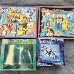 Kids Puzzles. 3 Vintage Pokémon And 1 Waterfall. 