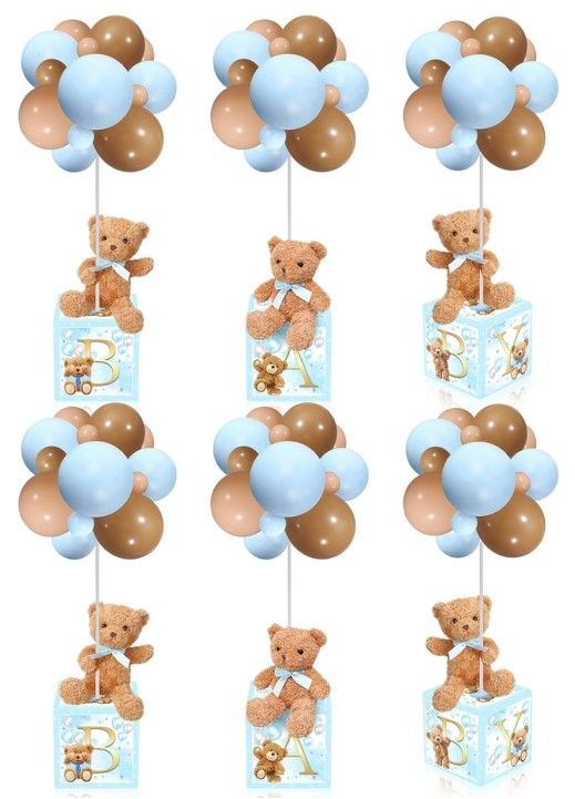 Lenwen 6 Sets Blue Bear Decorations for Baby Shower, Baby Letter Boxes Baby Shower Table Centerpieces Bear Stuffed Animals Balloon with Stand Bear Plu