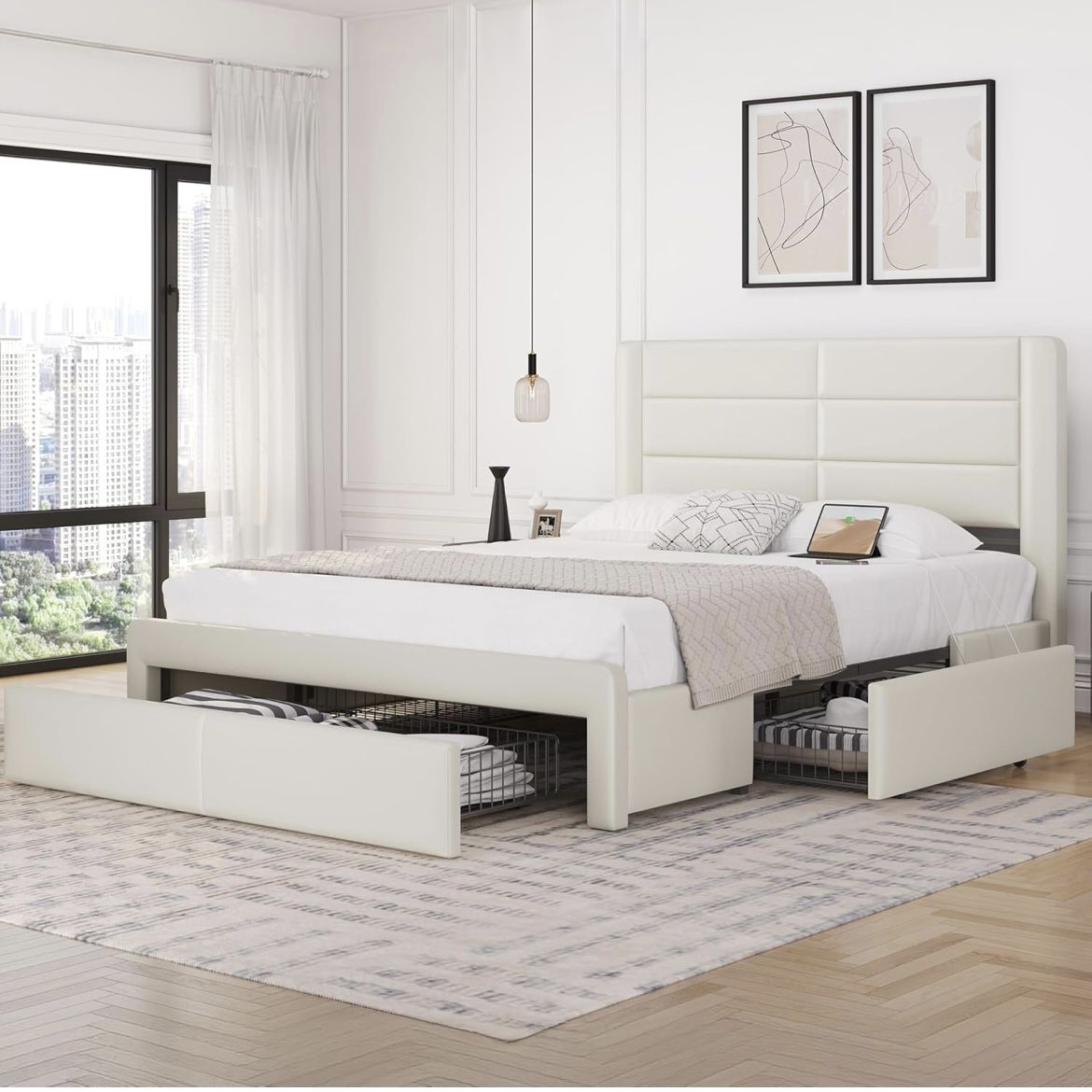 Bed Frame with 2 USB Charging Station/Port for Type A&Type C/3 Storage Drawers, Leather Upholstered Platform Bed with Headboard/Solid Wood Slat Suppor
