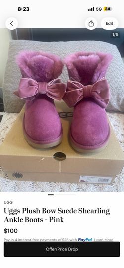 Uggs Plush Bow Suede Shearling Ankle Boots - Pink