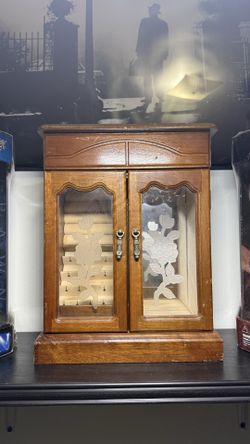 Vintage Wooden Gunther Mele Armoire Jewelry Box With Etched Glass Doors & Storage Cabinet On Top