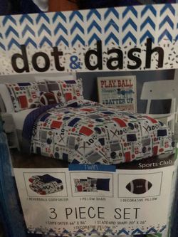 New twin comforter, with 1 standard pillow case and 1 decorative pillow. Never used.