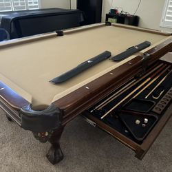 8 foot Beach Manufacturing, Gus Adams Collection, Pool Table with Hide-away Sliding Storage Drawer & Accessories