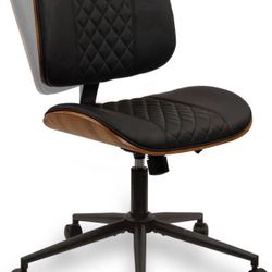 Armless Home Office Chair, Desk Chair with Wheels, Adjustable Height Reading Chair, Leather Mid Back & Swivel Computer Chair, Modern Walnut Chair with