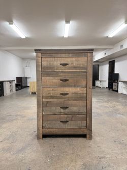 Tall Wood Tone 5 Drawer Dresser Chest