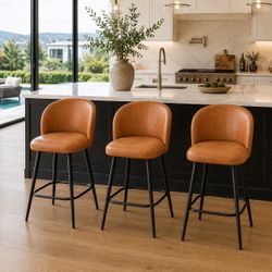 Set of 3 Cognac Brown Faux Leather Counter Height Bar Stools