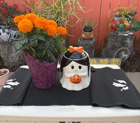 Halloween Lil Ghost Ceramic Cookie Jar with long ghost table liner