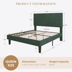 Queen Platform Velvet Bed Base with Vertical Channel Tufted Headboard, Corduroy Upholstery, Strong Wooden Slats, No Box Spring Needed, Easy Assembly, 