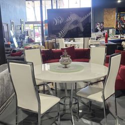 5 PIECE DINING TABLE SET ROUND WHITE GLOSSY WHITE LEATHERETTE CHAIR 53X53