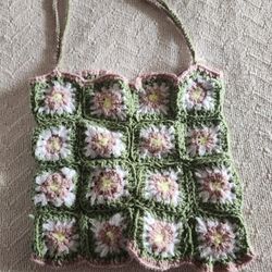 Women's Green Floral Pattern Crochet handmade top size S Adjustable Reversible