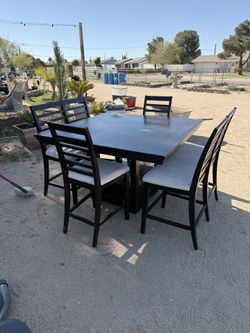 Dark Wood Square Dining Table with (2) Benches & (2) Chairs