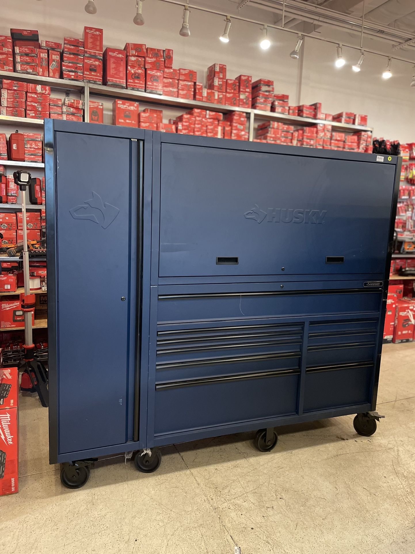 HUSKY 80 IN. W X 24 IN. D HEAVY DUTY 10-DRAWERS GARAGE WORKCENTER AND SIDE LOCKER TOOL CHEST IN MATTE BLUE