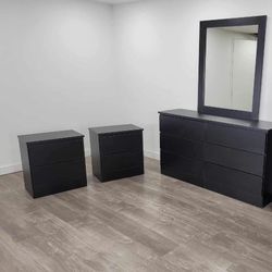 New Black Dresser Whit Mirror And 2 Nightstands - Nueva Cómoda Con Espejo Y 2 Mesitas De Noche Color Negro 