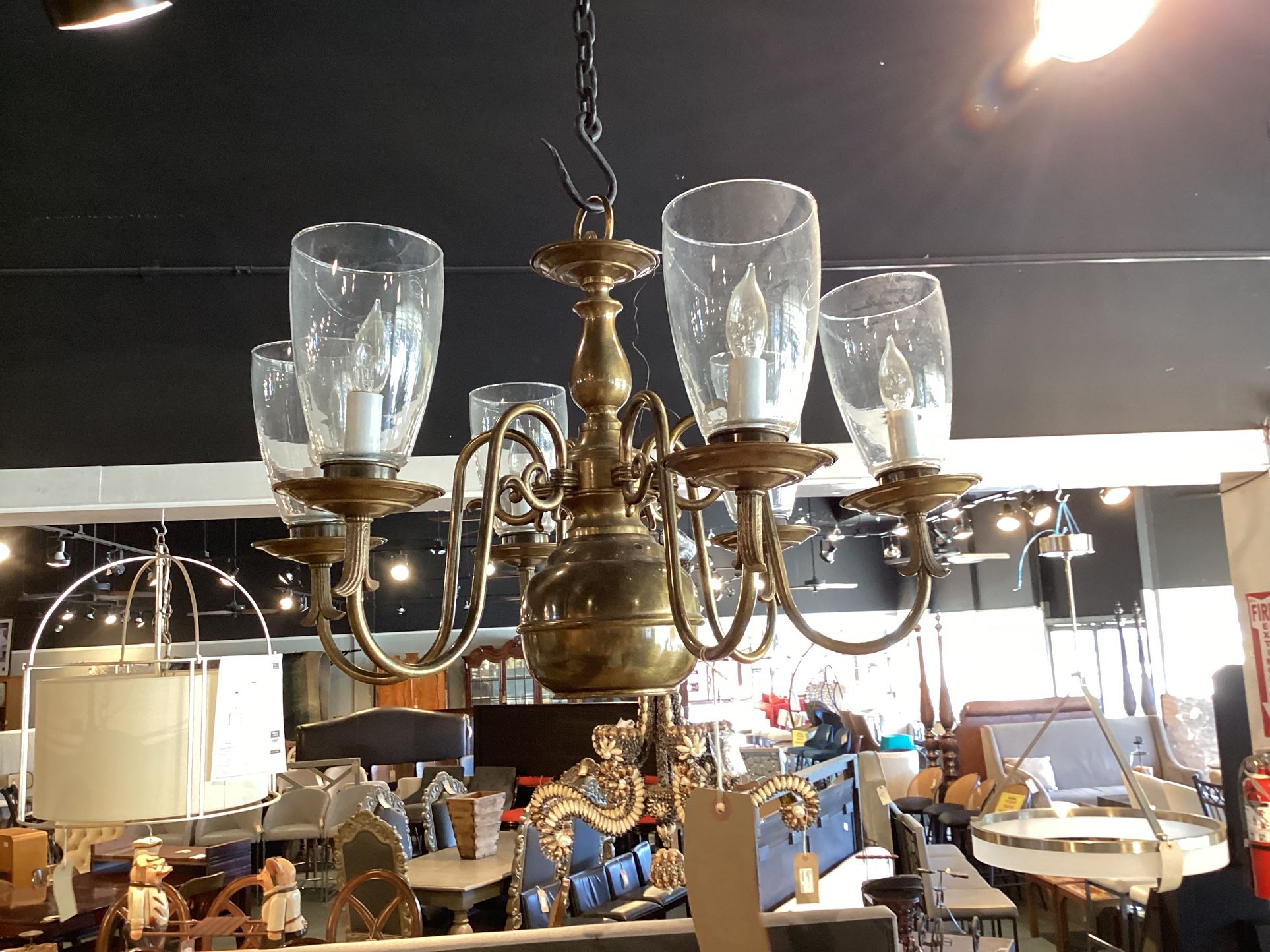Vintage Brass Chandelier W/ 6lights & 6 Hurricane Glasses SKU 35B9CC