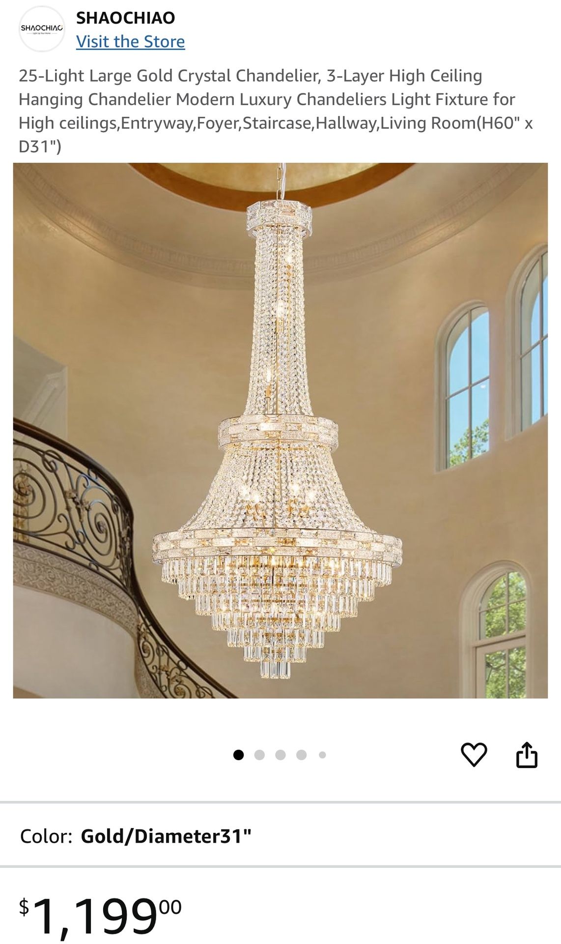 25-Light Large Gold Crystal Chandelier