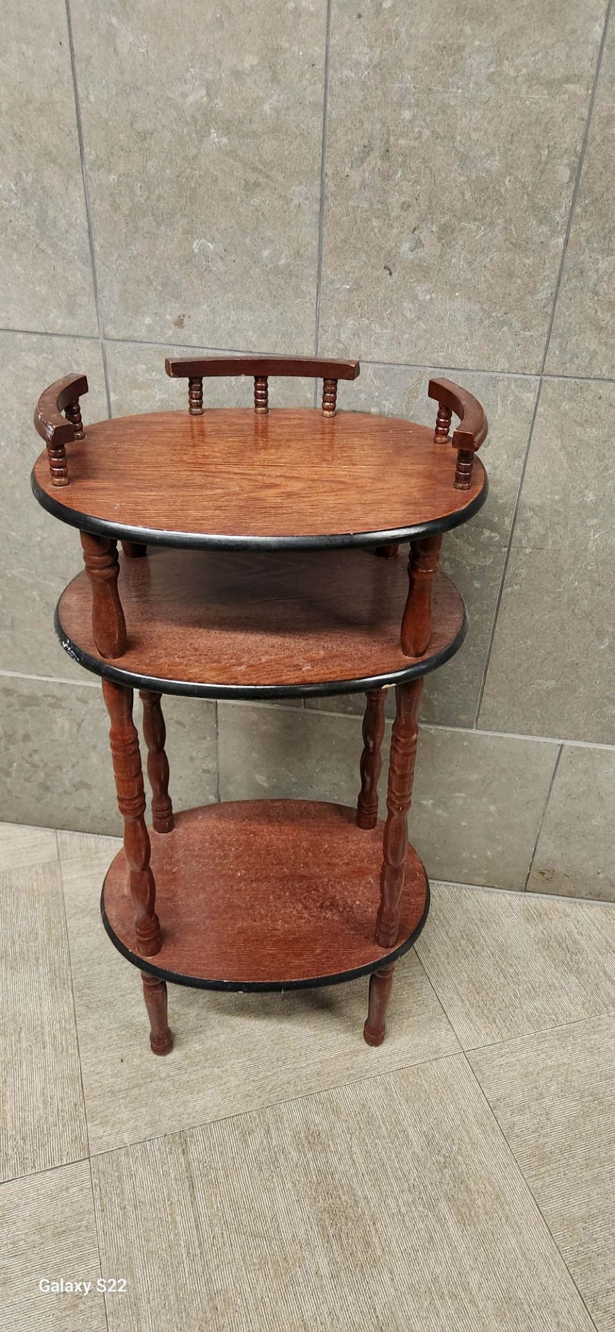 vintage three-tiered wooden telephone stand
