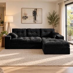 Modular Sectional Sofa, 102" L-Shaped Corduroy Couch, Set of Soft  Cloud Couch with Ottoman, Black N-11