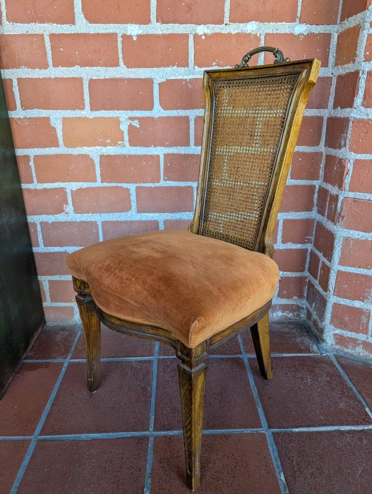 Beautiful Antique Wooden Chair With Orange Velvet Seat