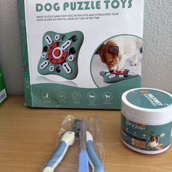 Dog care : puzzle, vitamins for hips and joints and nail clipper