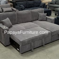 New! 89”L Reversible Grey corduroy Sectional Sofa Bed, Sectional Sofa Bed, Grey Sofa, Sleeper Sofa, Grey Couch, Reversible Sectional, Sectional Sofa W
