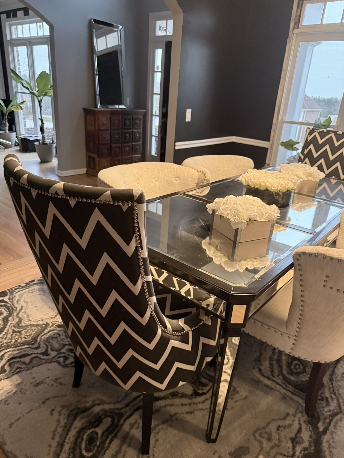 Mirrored Glass Dining Table w/ 6 Upholstered Chairs – Luxury Set