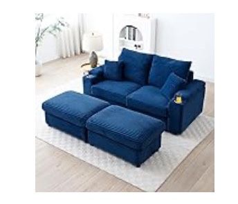 Corduroy Loveseat With Two Storage Ottomans