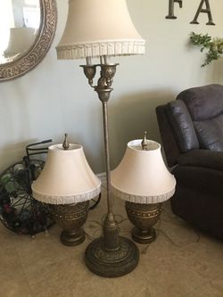 Solid Brass Vintage Trio- 2 table lamps and matching floor lamp w/Vintage Fringed Shades.