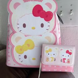 Loungefly Hello Kitty & Mimmy White Teddy Bear Mini Backpack & Wallet NWT