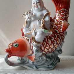 Buddha. Porcelain. Laughing Buddha On Koi Fish. Very Rare. 