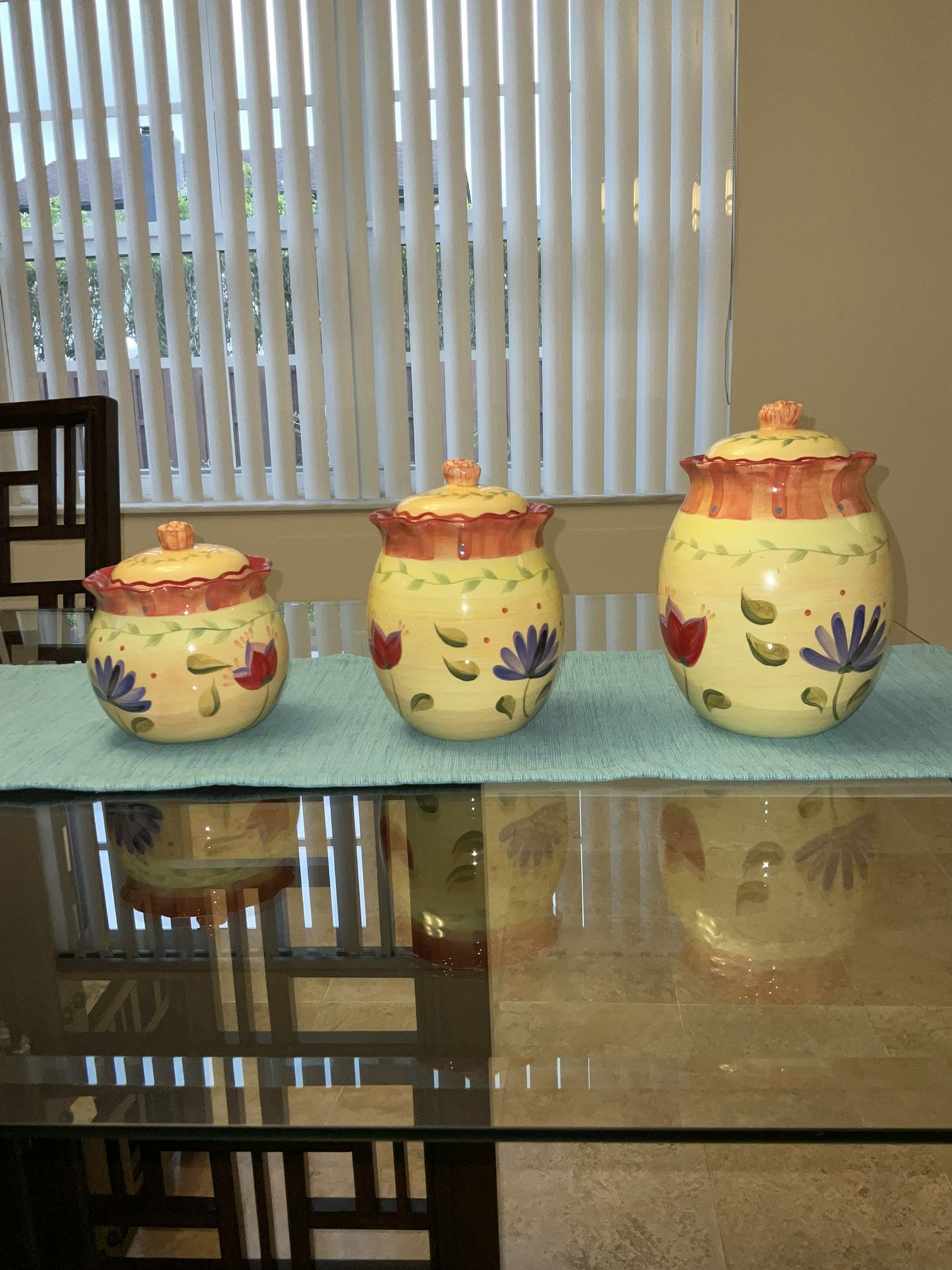 Pfaltzgraff kitchen 3 jar set, canister set with lids. Hand painted pottery, ceramic set.  Series: NAPOLI