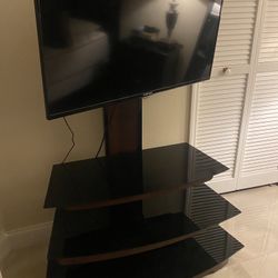 Curved Tv Stand Mount With 3 Open Dark Glass Shelves (tv Not Included)