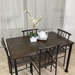 Compact Wood & Iron Kitchen Dining Table & 4 Chairs 