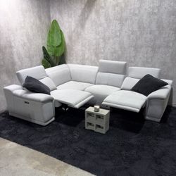Soft Light Grey Power Recliner Sectional Sofa + Adjustable Headrest 