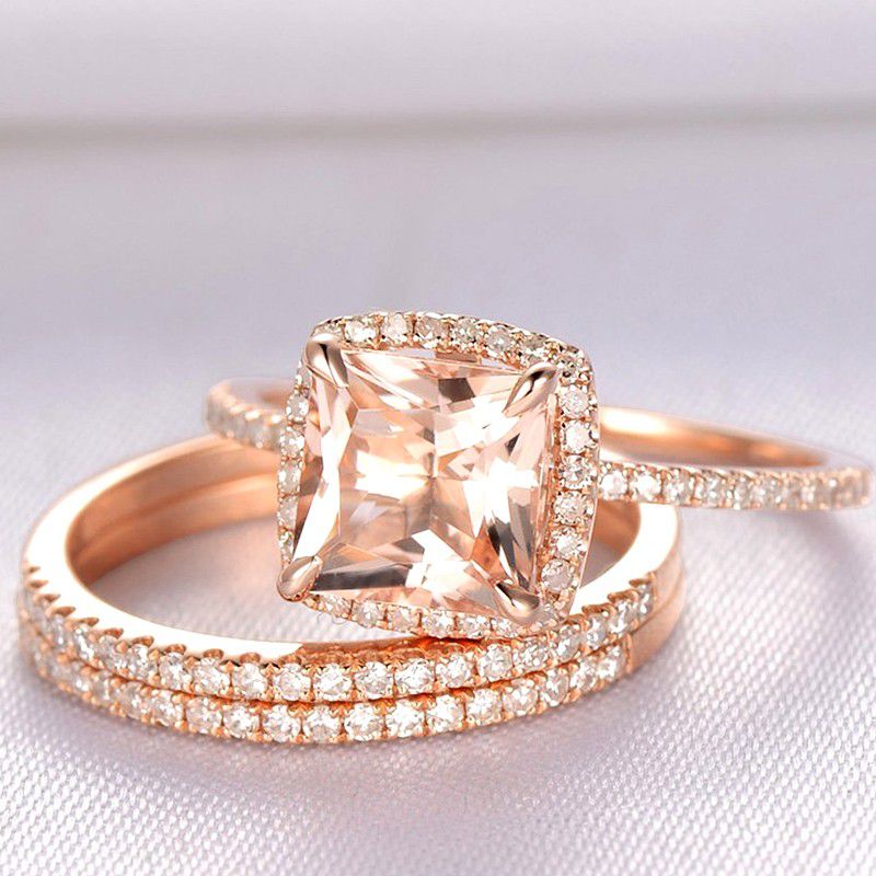 "3pcs A Set Rose Gold Luxury CZ Champagne Stone Wedding Ring for Women, VIP335
  