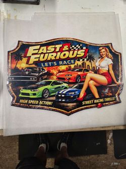 Fast and furious drift race cars and pinup Girl steel metal sign