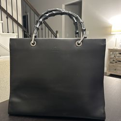 Auth Vintage Gucci Black Tote With Black Bamboo Handle 