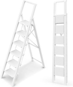  6 Step Ladder, Lightweight Folding ladders with Wide 6 step, White