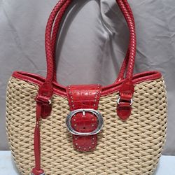 BRIGHTON Red Croc Print Leather Woven Straw Shoulder Bag Purse EUC