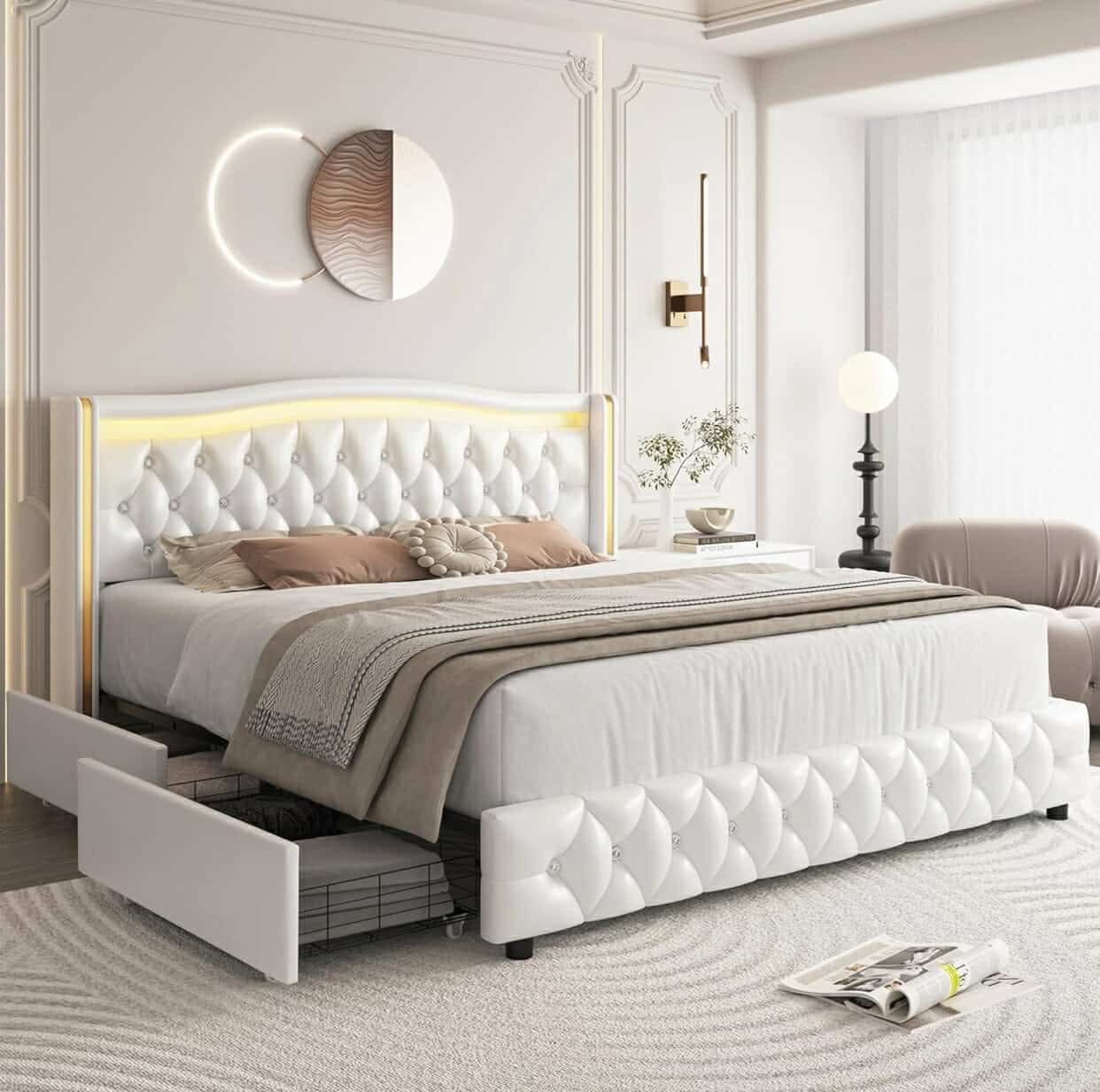 Full Smart LED Platform Bed Frame with 4 Storage Drawers, Crystal Button-Tufted & Stainless Gold Trim Wingback Headboard, Modern PU Upholstered White
