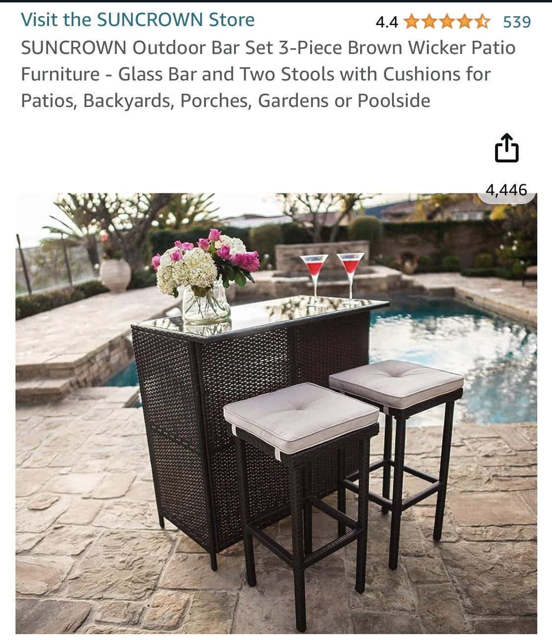 SUNCROWN Outdoor Bar Set 3-Piece Brown Wicker Patio Furniture