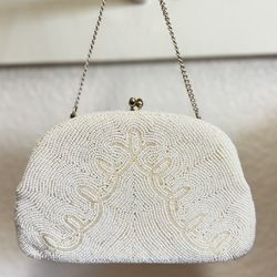 Vintage Handmade Beaded Clutch Ivory Bag 