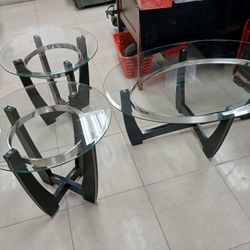 3-Piece Elegant Glass Top oval Coff6e and 2 Side T@ble Set Contemporary Black Wooden Frame
