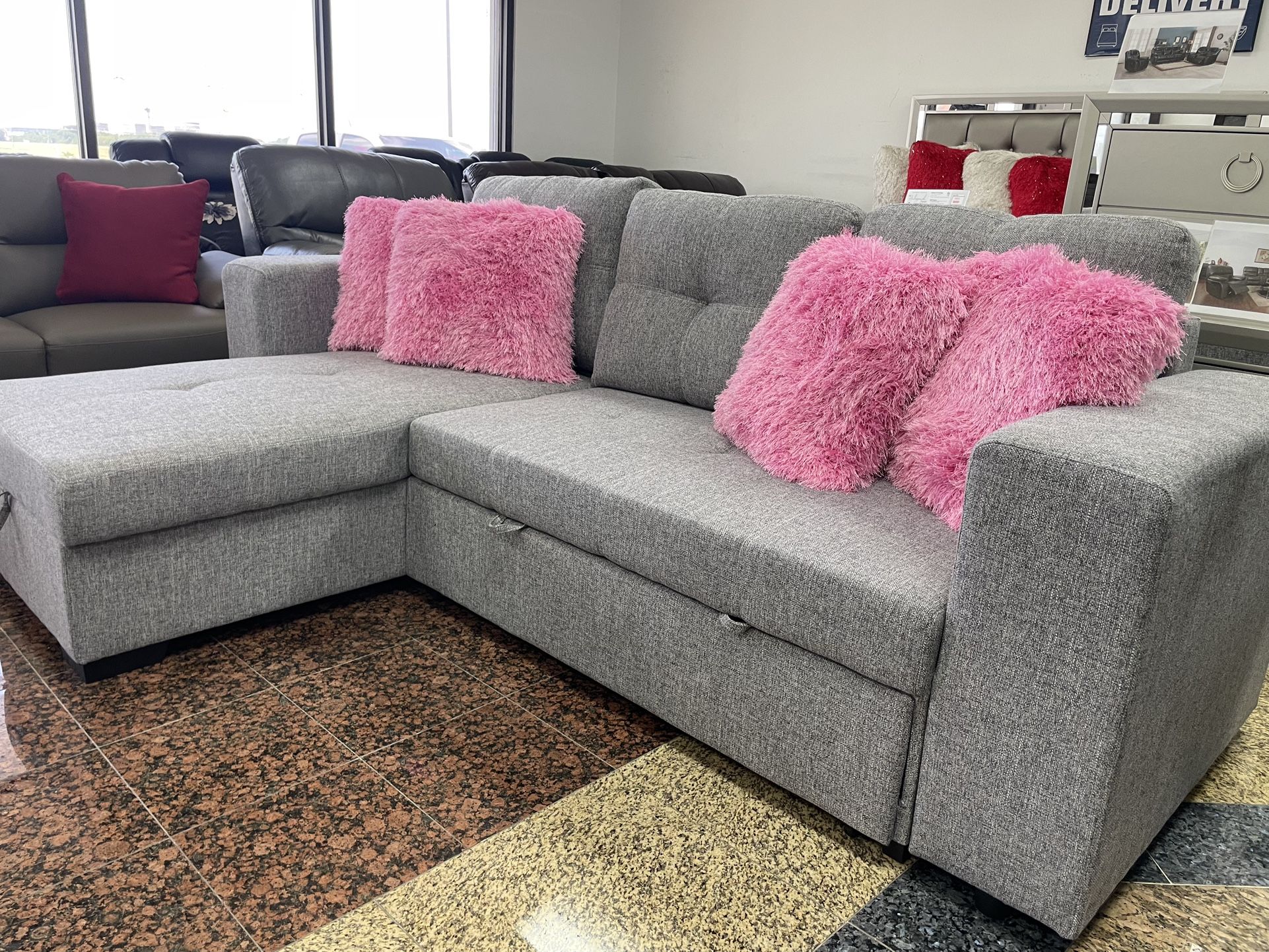 BRAND NEW SOFA PULLOUT BED WITH STORAGE CHAISE! DELIVERY TODAY! ALL CREDITS WELCOME