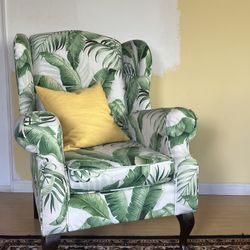 Wingback chair tropical plant accent chair palm print fabric