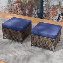 Canyon Ridge Wicker Outdoor Ottomans, Brown/Blue, Set of 2