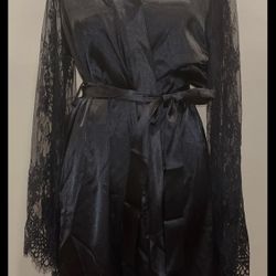 Avidlove Black Satin And Lace Kimono Style Robe