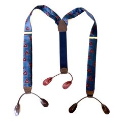 Vtg CAS Germany Suspenders Elastic Navy Blue Red with Brown Leather Button Holes