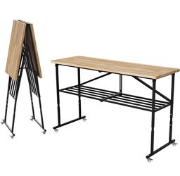 68" Folding Workbench with 1.5" Hardwood Butcher Block Top, Heavy Duty 2000 LBS Garage Work Table with Locking Wheels, Adjustable Height Woodworking B