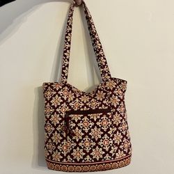 Vera Bradley Burgundy Medallion Shoulder Tote Bag w/ Front Zipper Pocket 