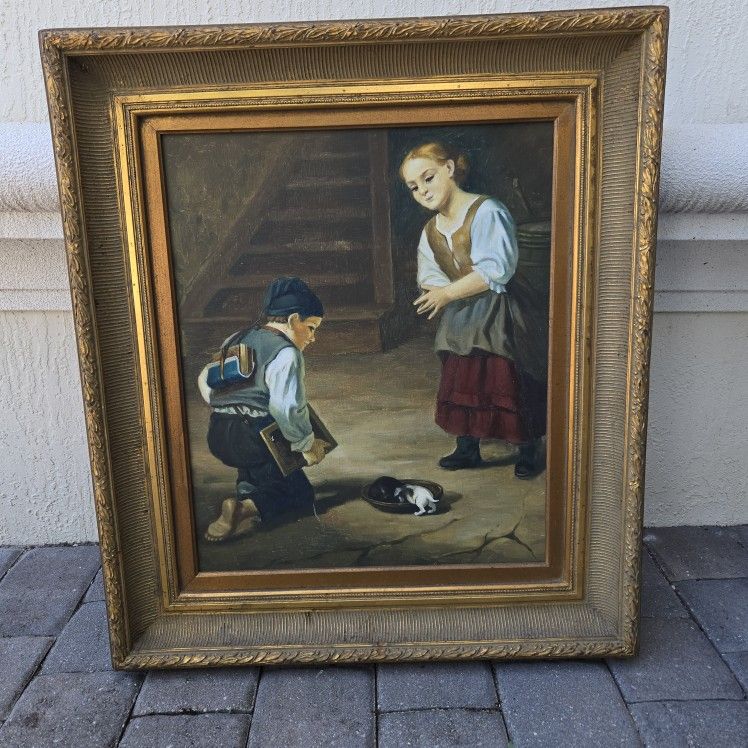 Antique Oil Painting Children And Kitten